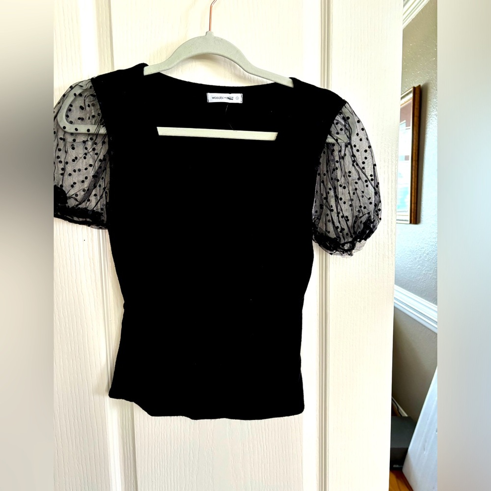 Black Puff Sleeve Polka Dot Mesh Blouse